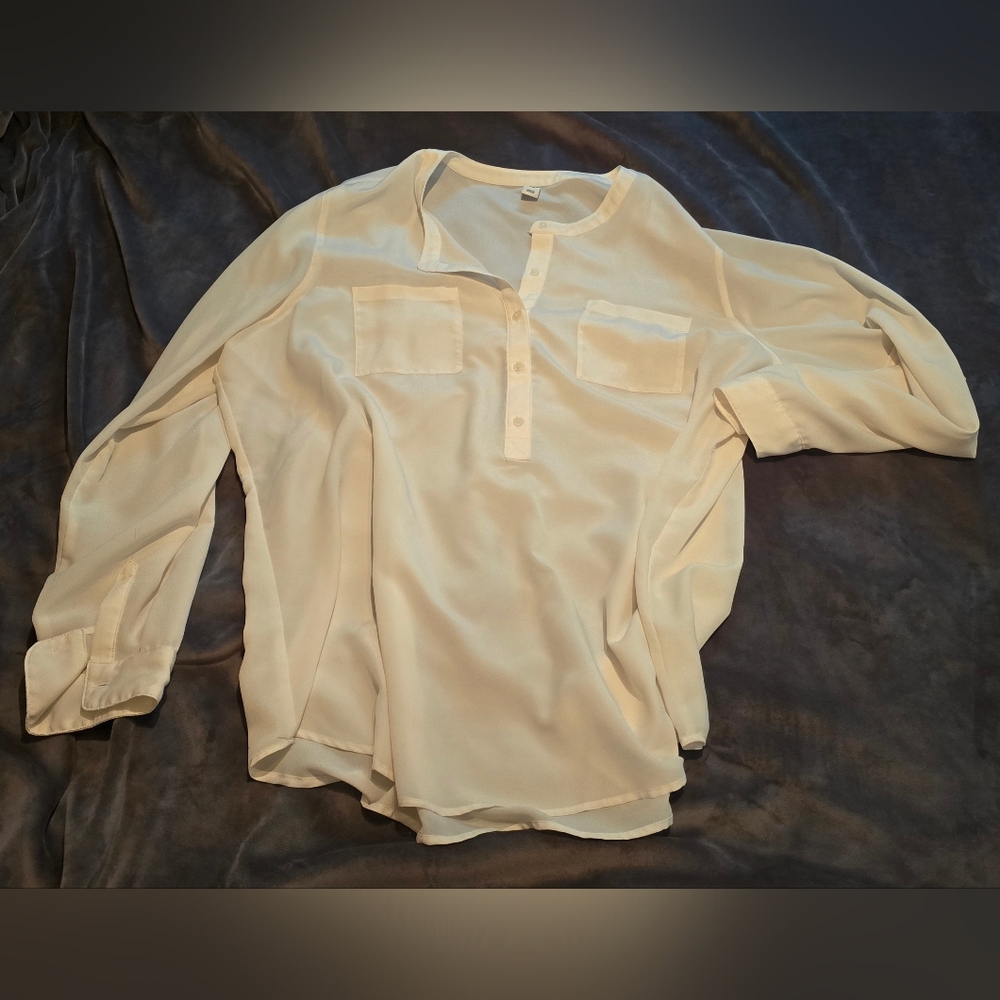 Old Navy Cream Off White Button-Up Blouse Sheer Pocket Top Size XXL
